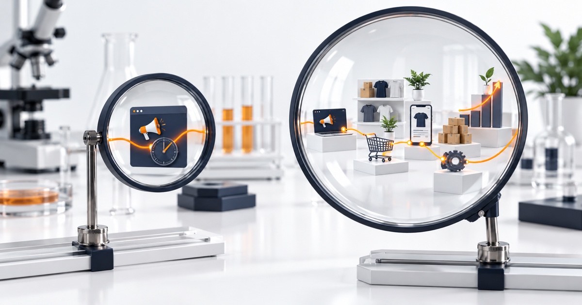 A narrow lens showing one ad campaign beside a wide lens showing the whole Amazon business