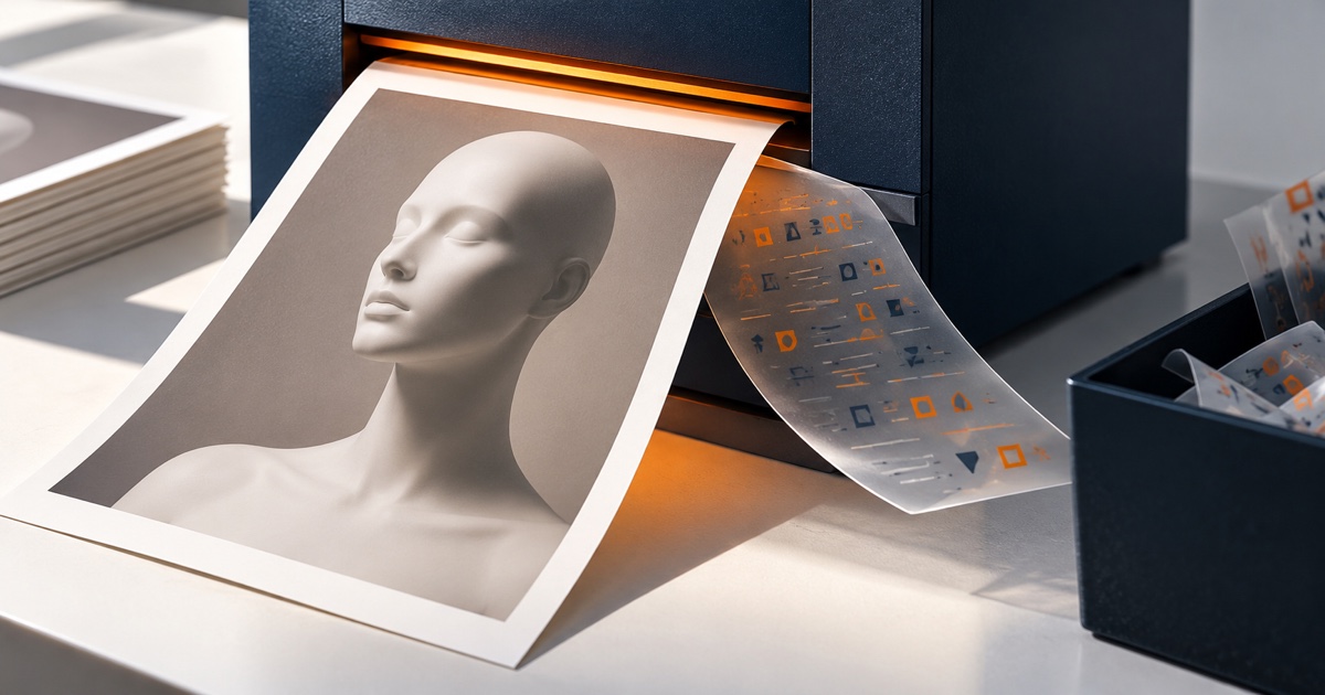 A synthetic mannequin portrait separating from its hidden metadata layer during export