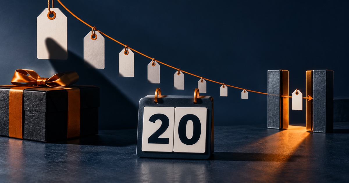 October 20 calendar beside descending price tags passing through a narrow deal gate