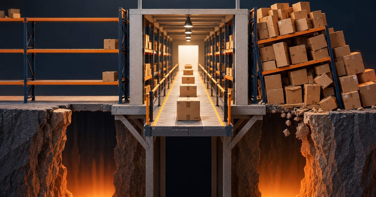 A narrow safe inventory lane between empty shelves and collapsing stacks of excess stock
