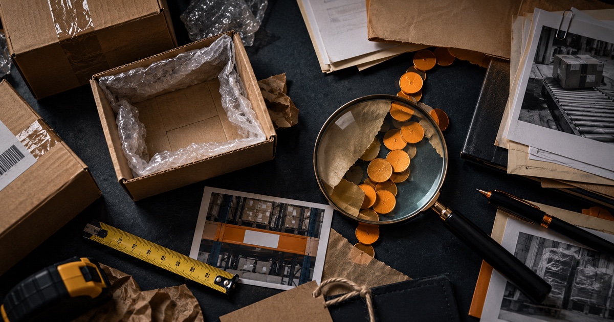 A magnifying glass uncovering hidden reimbursements among lost boxes and warehouse evidence