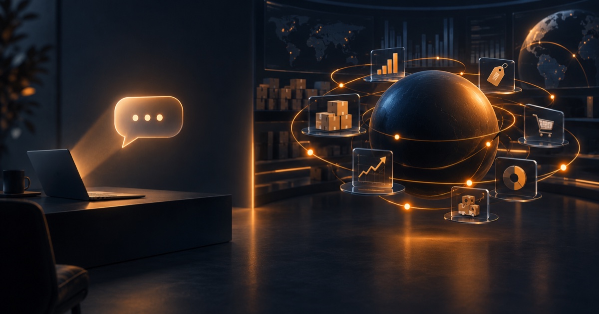A chat prompt beside an always-on system monitoring Amazon sales, inventory, pricing and advertising
