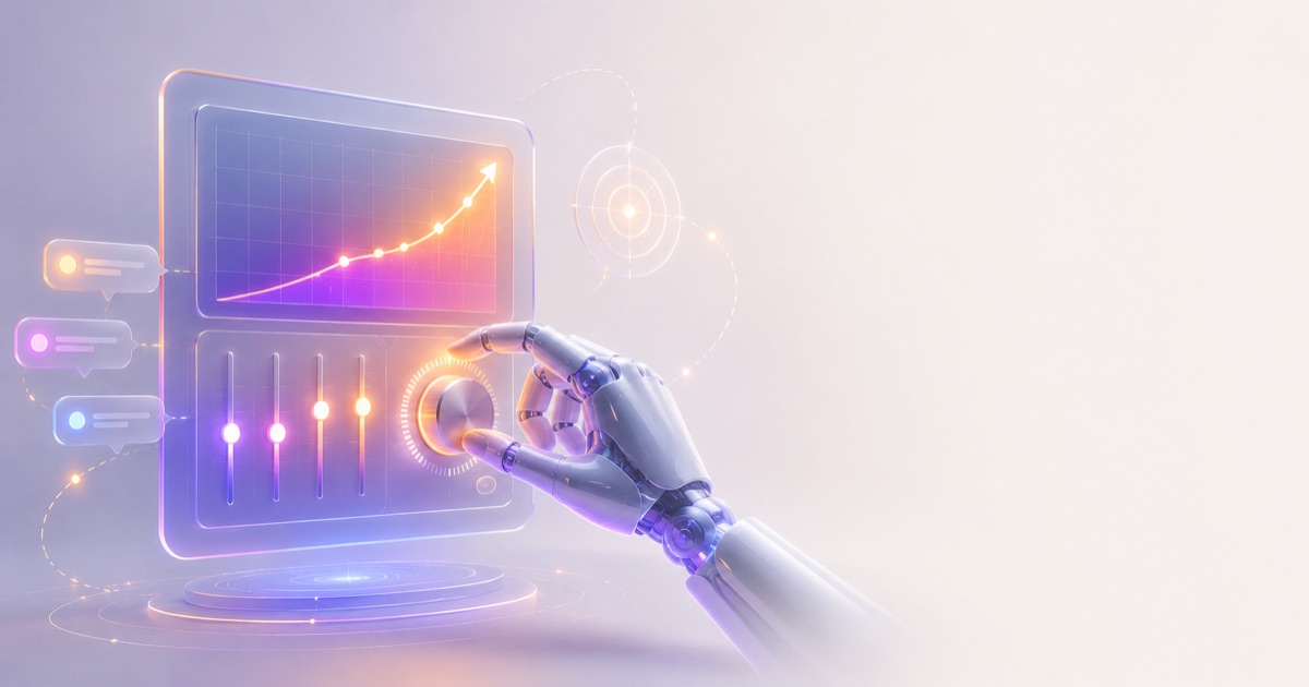 A robotic hand adjusting the dials and sliders of a glowing advertising dashboard with a rising performance chart