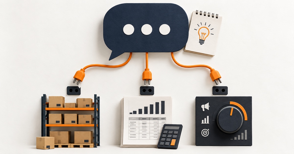 A chat bubble with disconnected cables above inventory, sales and advertising systems