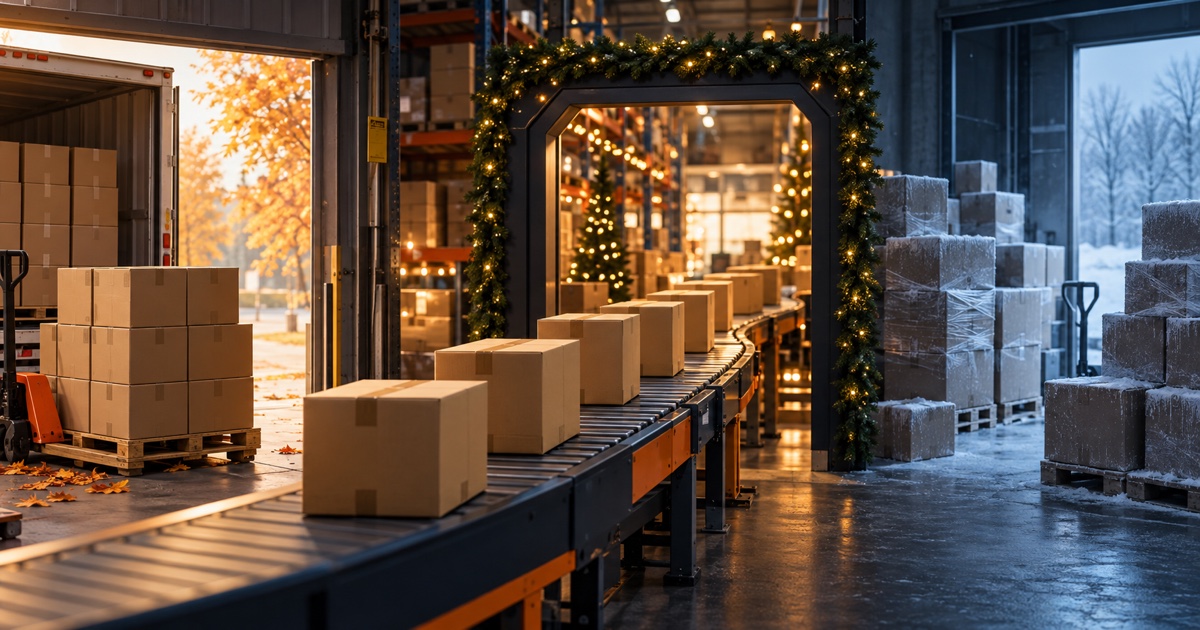 Cartons moving from autumn through a holiday warehouse while excess stock freezes in winter
