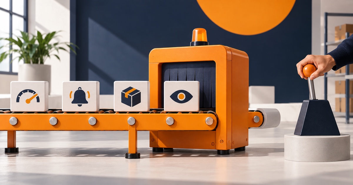 Repetitive Amazon tasks moving through an automated conveyor beside a human judgment lever