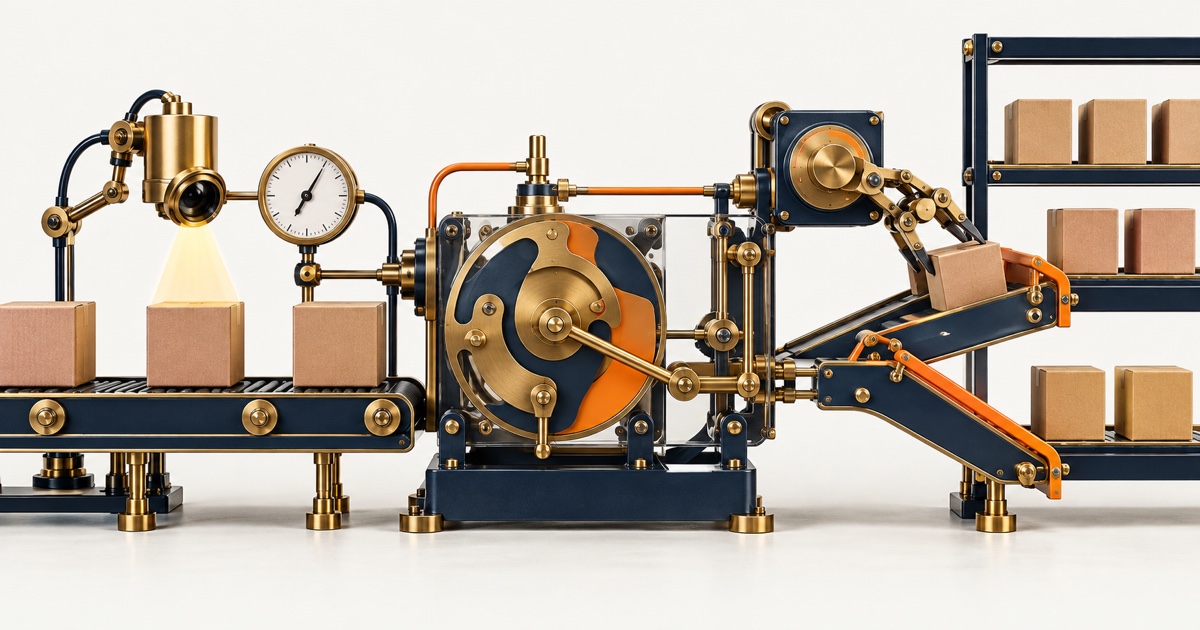 A mechanical system observing blank product boxes, making a decision and routing inventory
