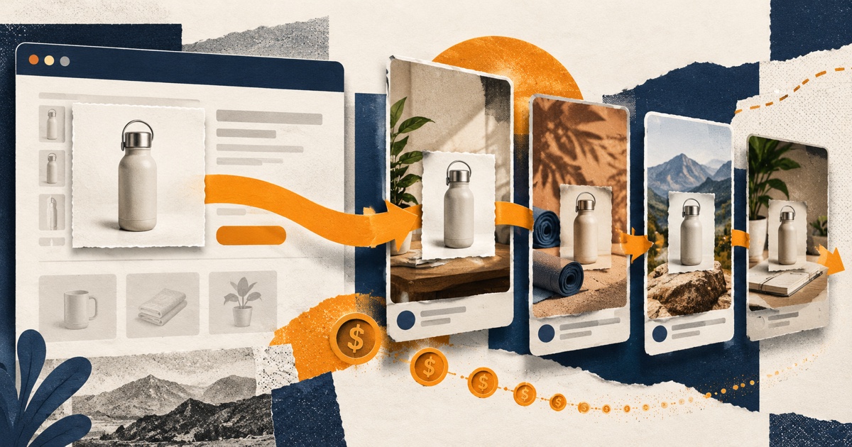 A product ad moving from a marketplace page into a series of creator-content frames