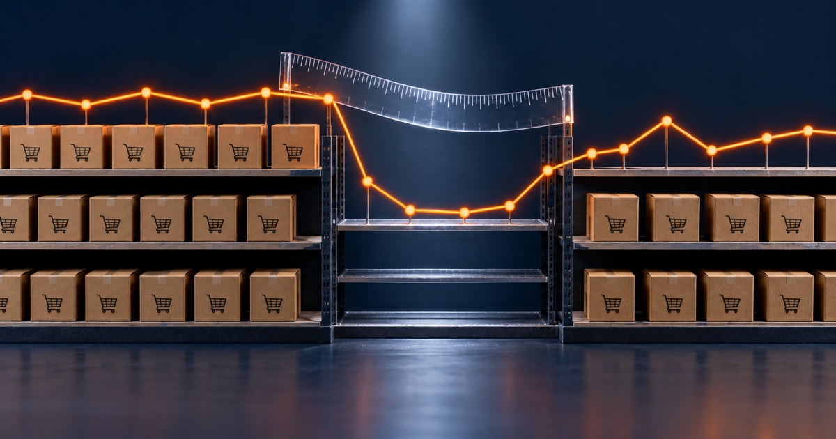 An advertising performance line falling through an empty inventory gap before recovering